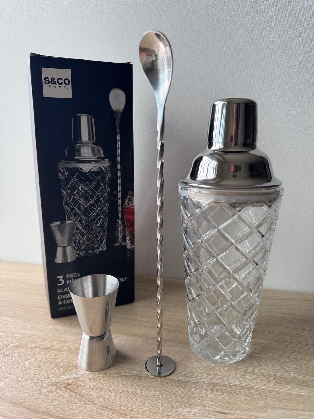 S&CO Home 3 Piece Glass Cocktail Shaker Set NEW in Box Barware